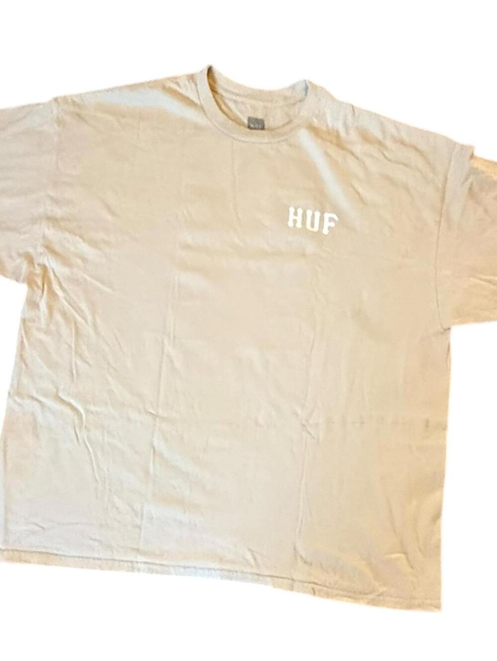 HUF XL Beige Graphic Tee Gothic Logo Big H Streetwear Skate Shirt